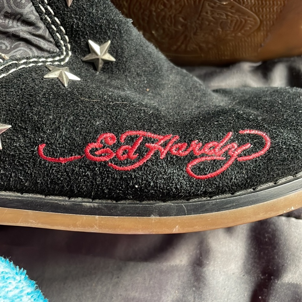 Calf high black Ed Hardy boots 2000's